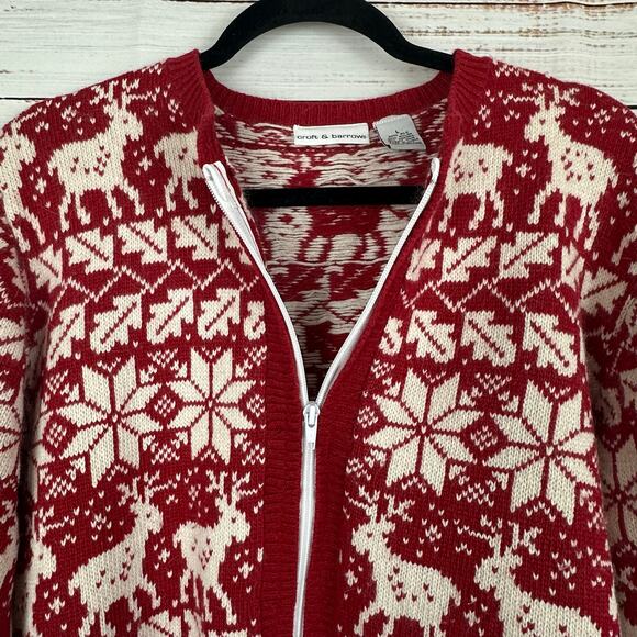 Women's Croft & Barrow Silk Blend Reindeer Snowflake Red Cream Zip Cardigan Sz L - Picture 4 of 8